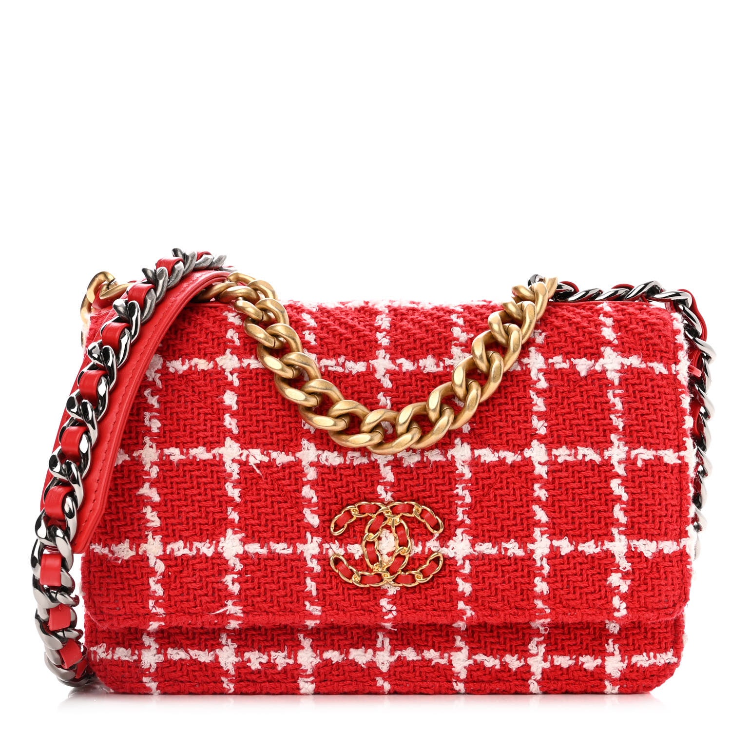 Chanel Tweed Quilted Chanel 19 Wallet On Chain WOC Red White 1 of 14