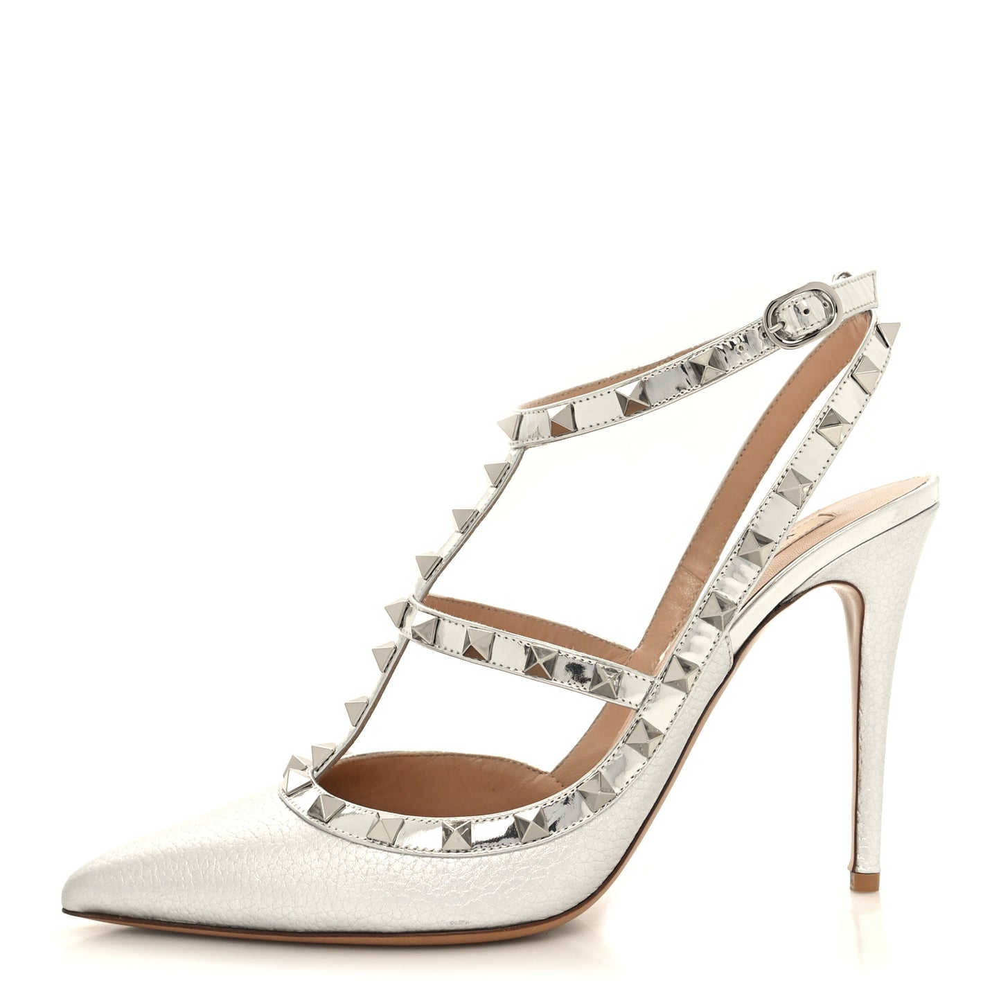 Metallic Pebbled Calfskin Rockstud Ankle Strap 100mm Pumps 41 Silver