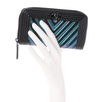 Chanel Calfskin Painted Chevron Embossed Small Boy Zip Wallet Black 2 of 9