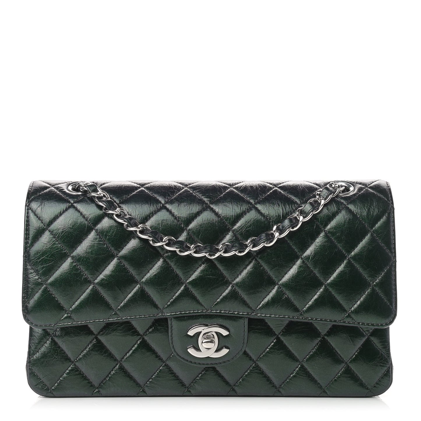 Iridescent Crumpled Calfskin Quilted Medium Double Flap Black