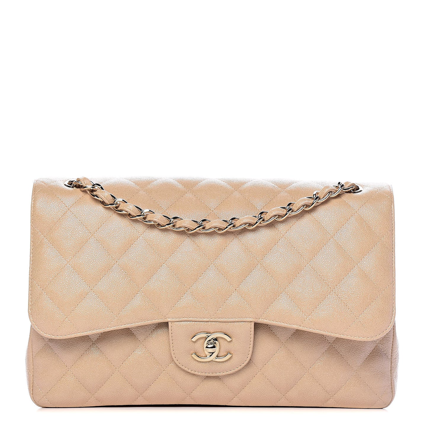 Iridescent Caviar Quilted Jumbo Double Flap Beige