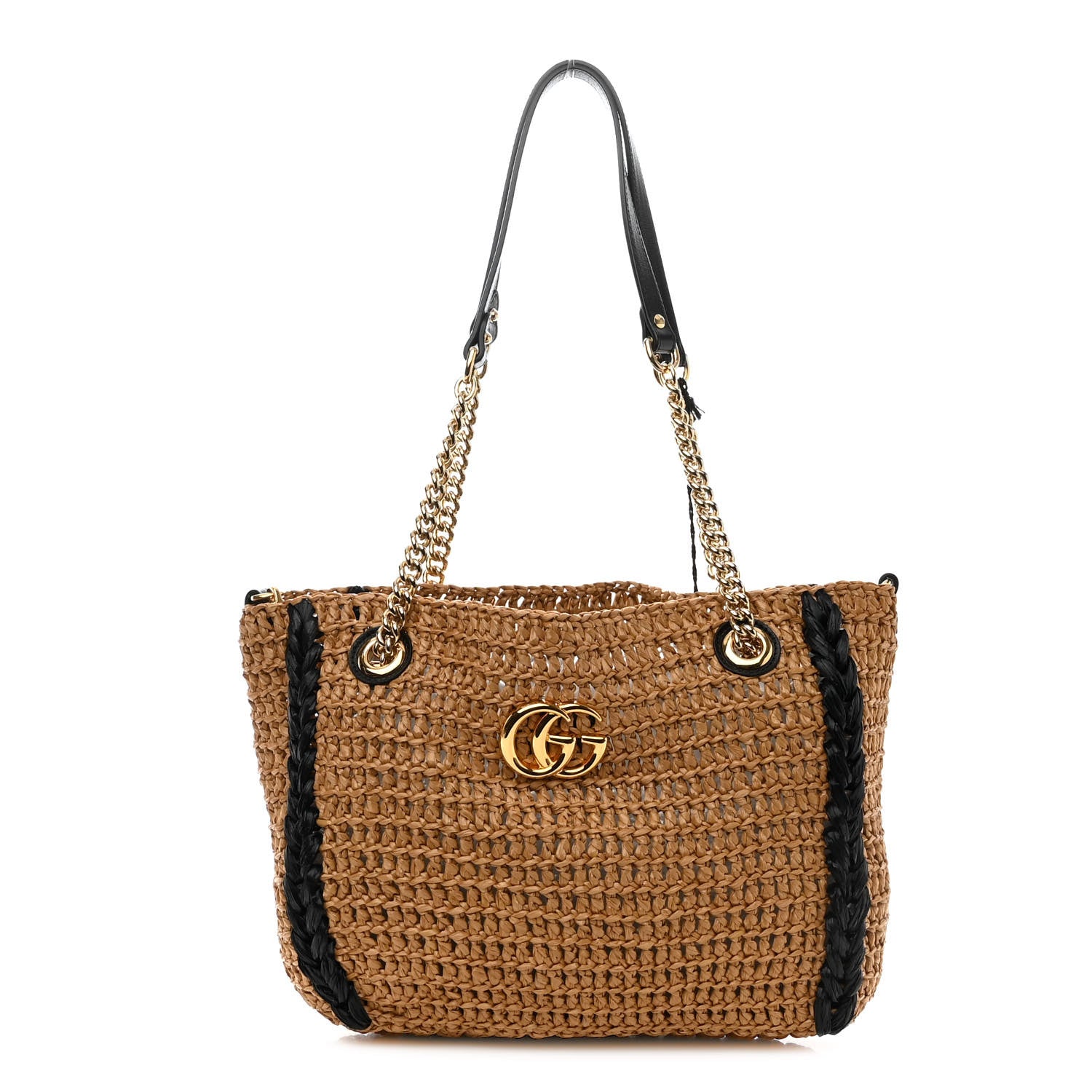 Gucci Raffia Effect Medium GG Marmont Shoulder Tote Bag Natural Black 1 of 8