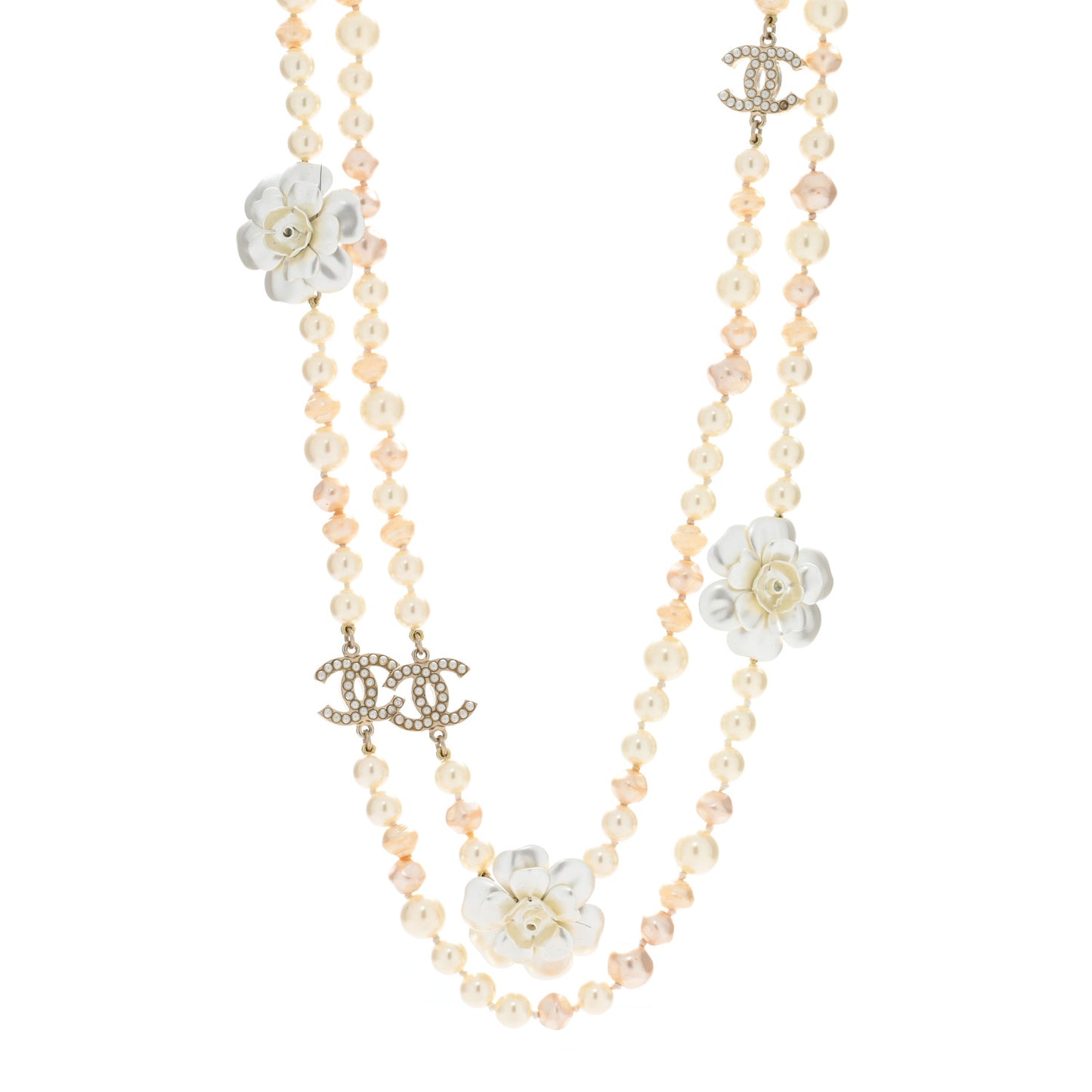 Pearl Camellia CC Long Necklace Gold