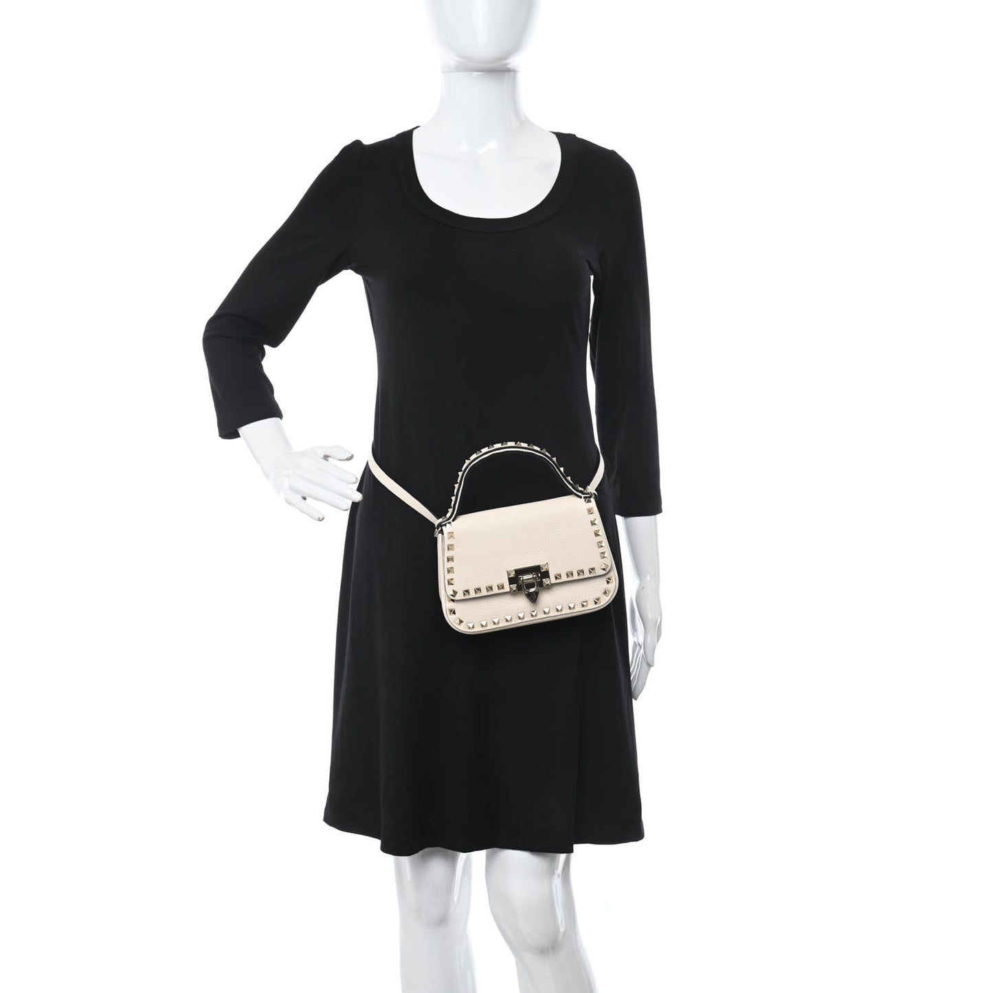 Grainy Calfskin Small Rockstud Top Handle Bag Light Ivory