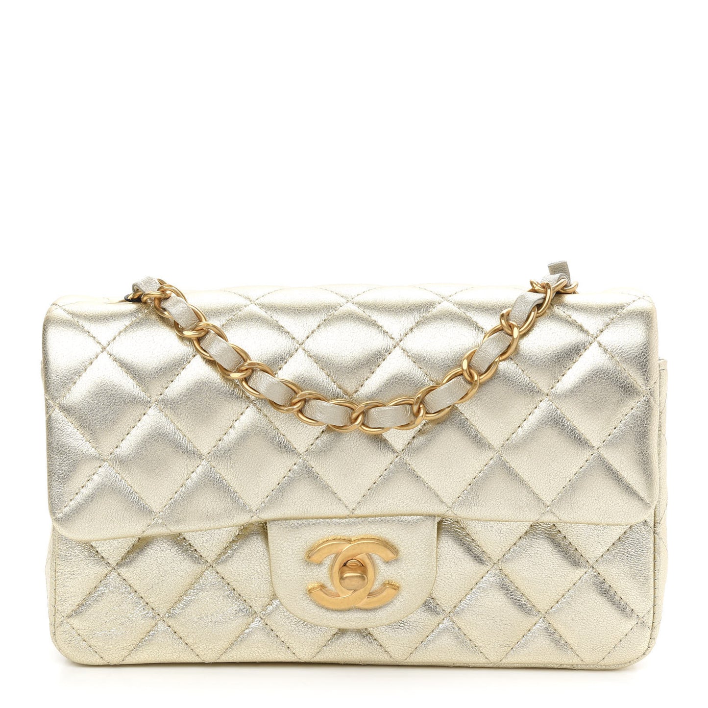 Metallic Lambskin Quilted Mini Rectangular Flap Gold