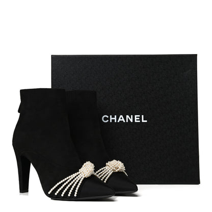 Chanel Suede Calfskin Pearl Cap Toe Short Boots 38.5 Black 9 of 9
