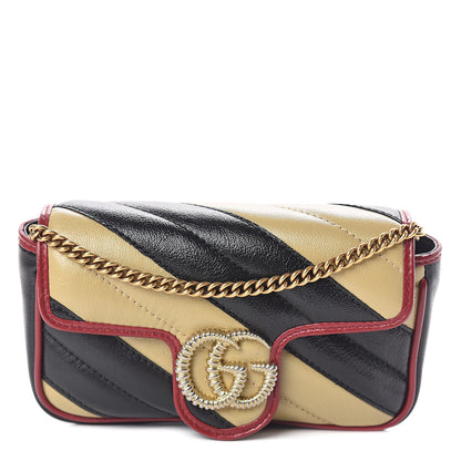 Gucci Vintage Effect Calfskin Matelasse Diagonal Striped Super Mini Torchon GG Marmont Shoulder Bag Black Beige 1 of 8