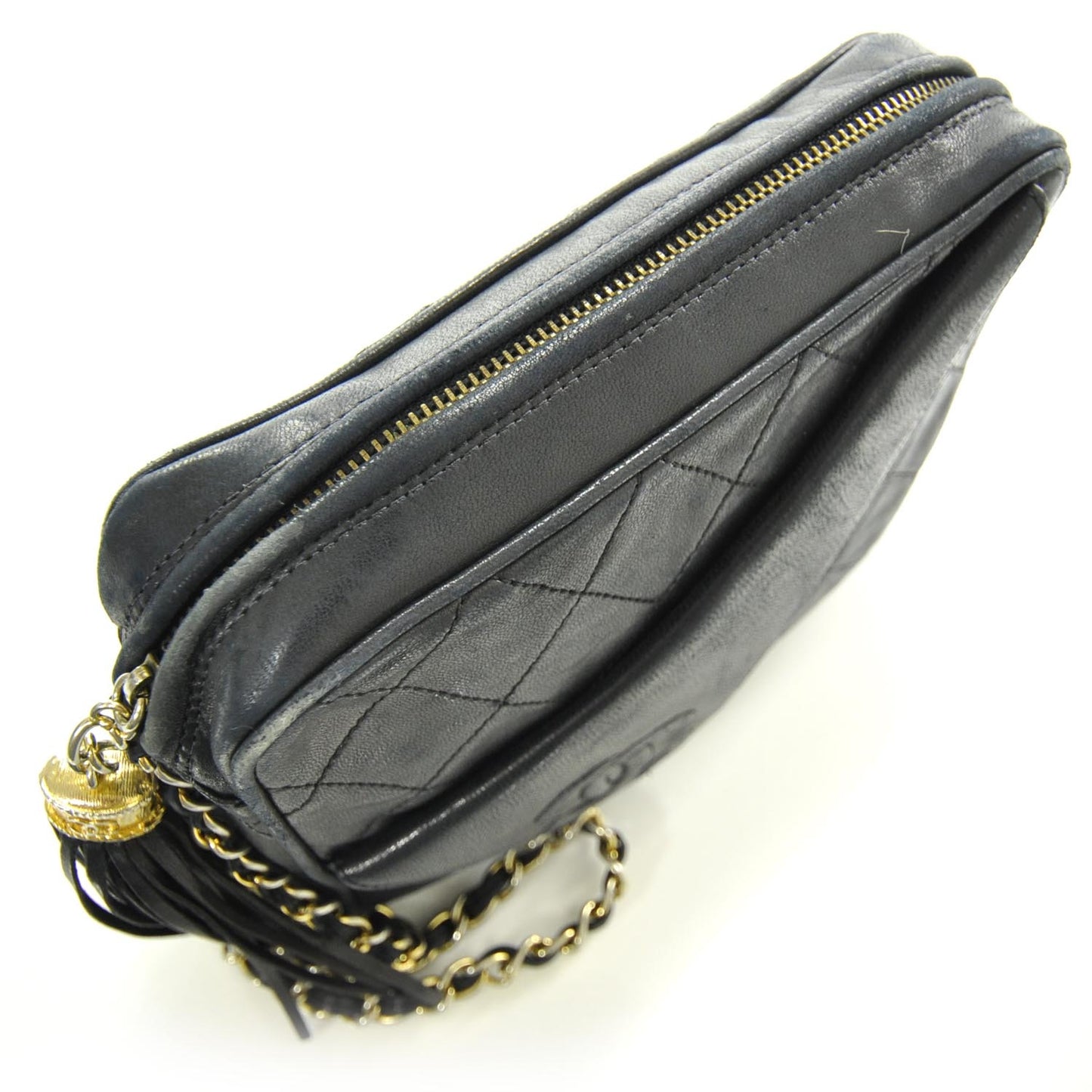 Lambskin Quilted Tassel Camera Case Navy Blue