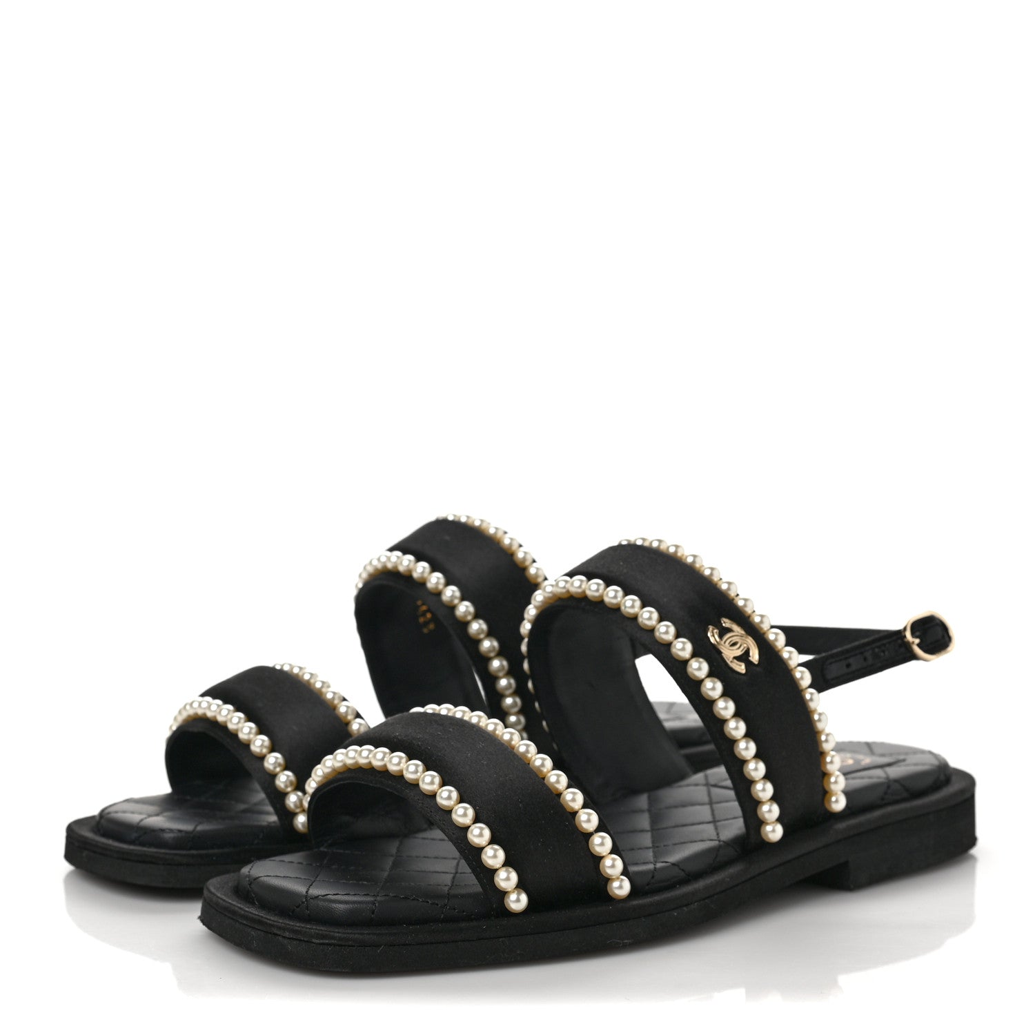 Chanel Satin Pearl Quilted Flat Sandals 37 Black 3 of 7