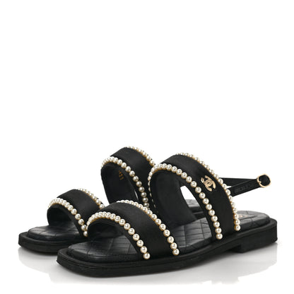 Chanel Satin Pearl Quilted Flat Sandals 37 Black 3 of 7