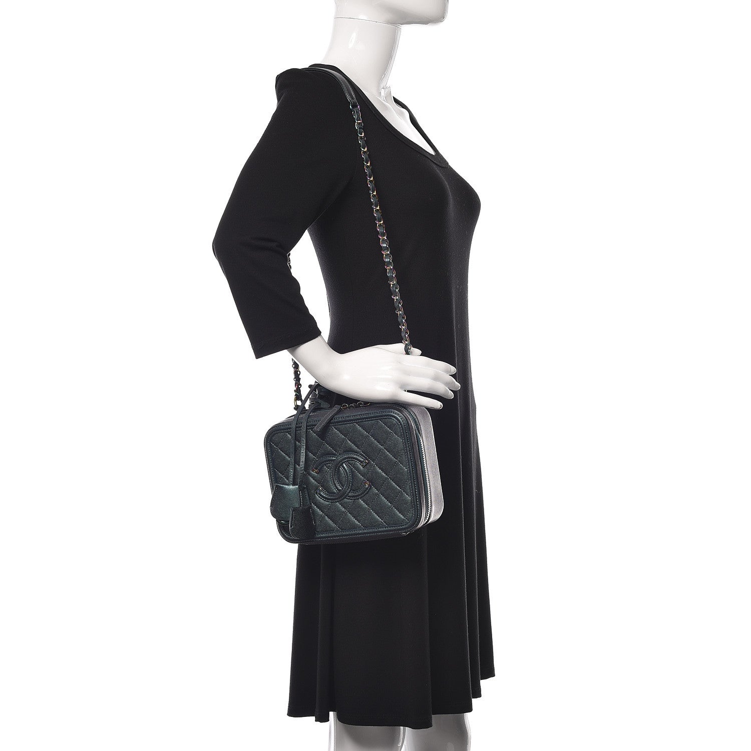 Chanel Iridescent Caviar Quilted Medium CC Filigree Vanity Case Dark Turquoise 2 of 15