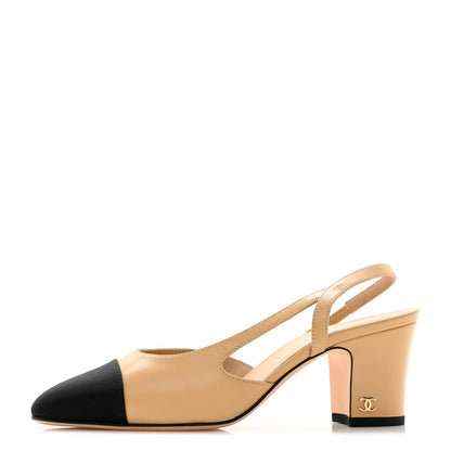 Chanel Goatskin Grosgrain Cap Toe CC Slingback Pumps 35 Beige Black 1 of 11