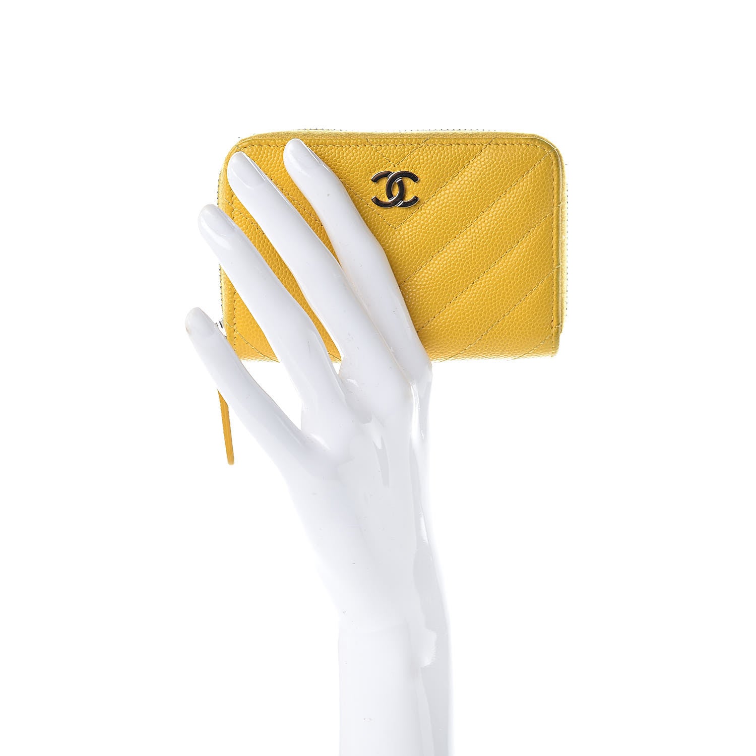 Chanel Caviar Chevron Quilted Zip Coin Purse Yellow 2 of 10