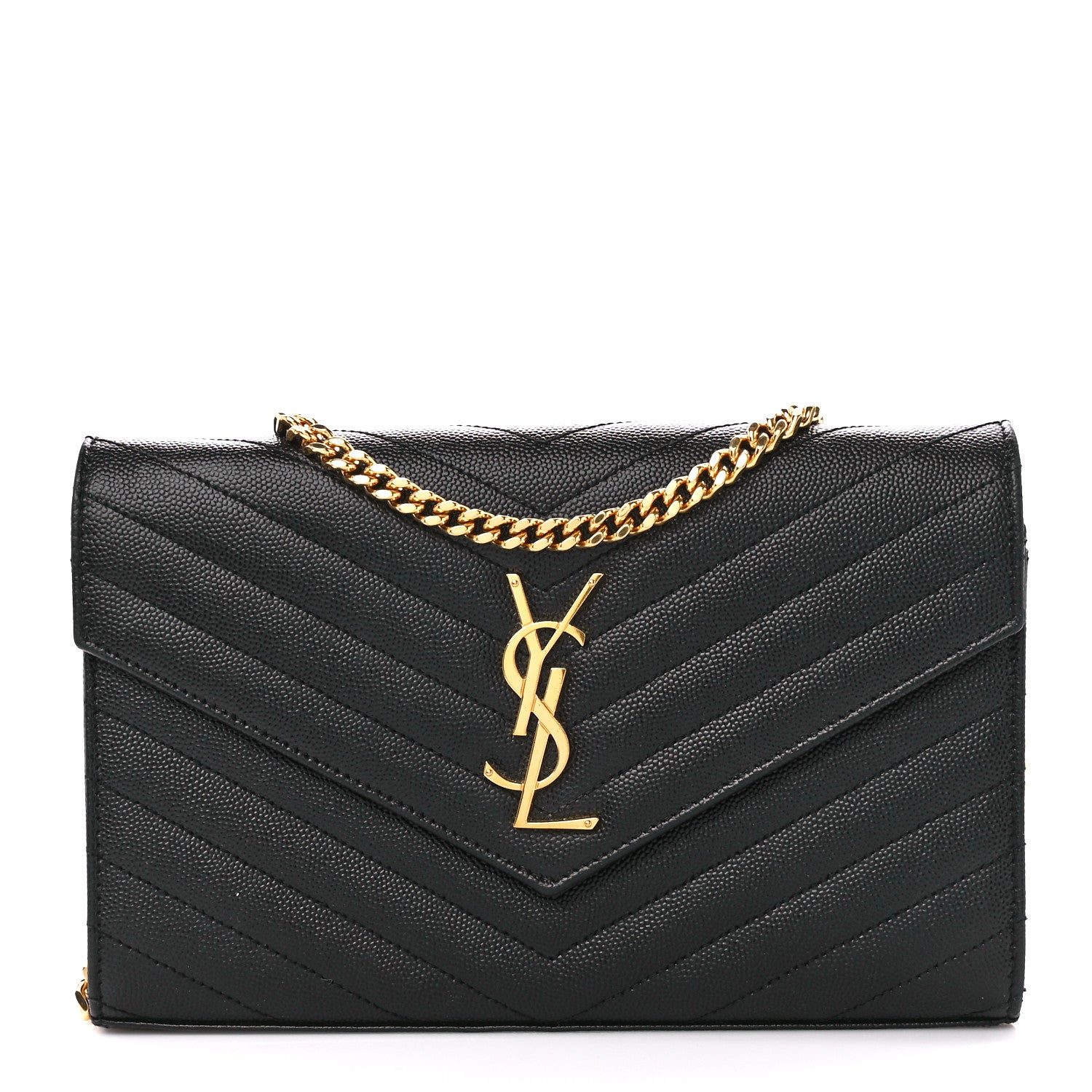 Saint Laurent Grain De Poudre Matelasse Chevron Monogram Chain Wallet Black 1 of 10