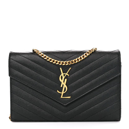Saint Laurent Grain De Poudre Matelasse Chevron Monogram Chain Wallet Black 1 of 10