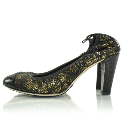 Chanel Snakeskin Embossed Cap Toe Lace Overlay Elastic Heels 38.5 2 of 9