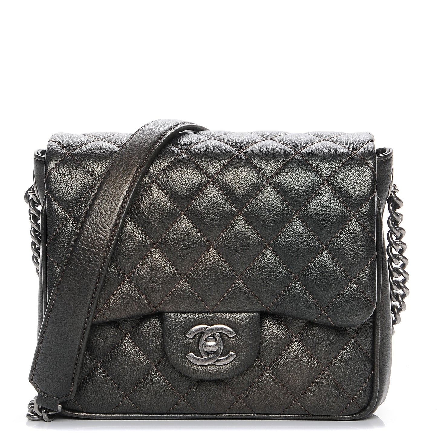 Metallic Goatskin Quilted Small Rock In Rome Flap Charcoal