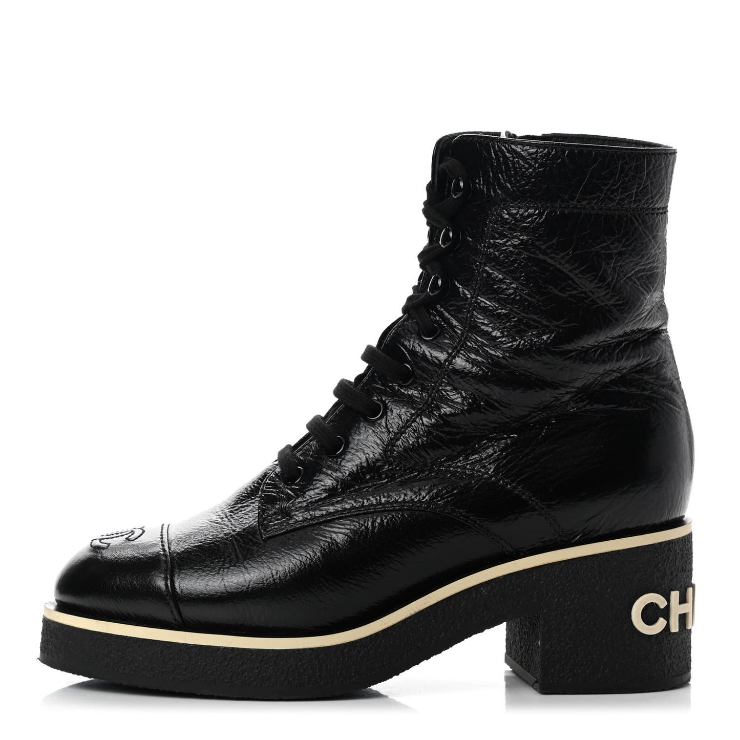 Shiny Crumpled Lambskin Lace Up Combat Boots 37.5 Black