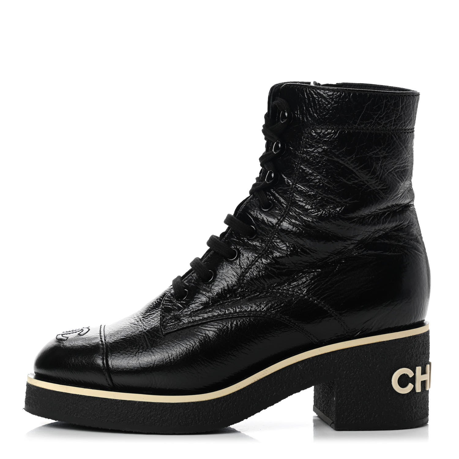 Chanel Shiny Crumpled Lambskin Lace Up Combat Boots 37.5 Black 1 of 9