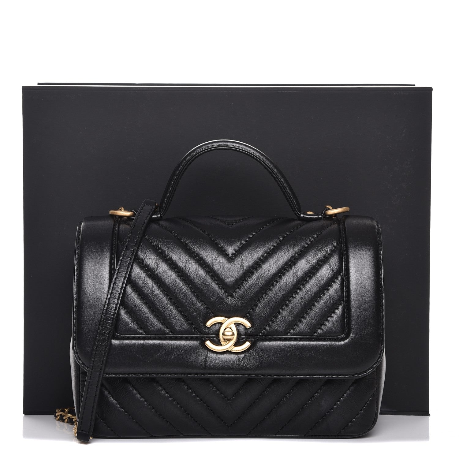 Chanel Calfskin Chevron Quilted Top Handle Flap Black 8 of 8