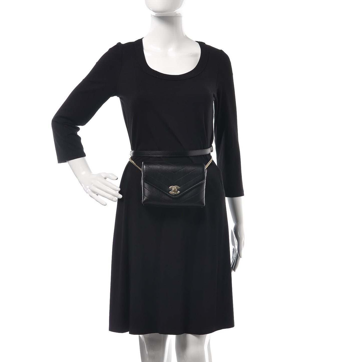 Calfskin Chevron Stitched Coco Waist Bag Black