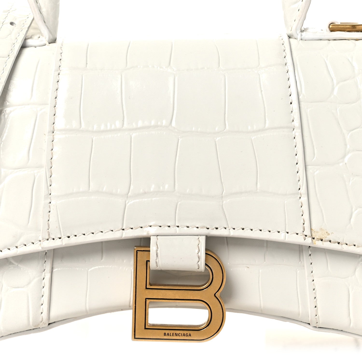 Balenciaga Shiny Calfskin Crocodile Embossed Hourglass Top Handle Bag XS White 9 of 14