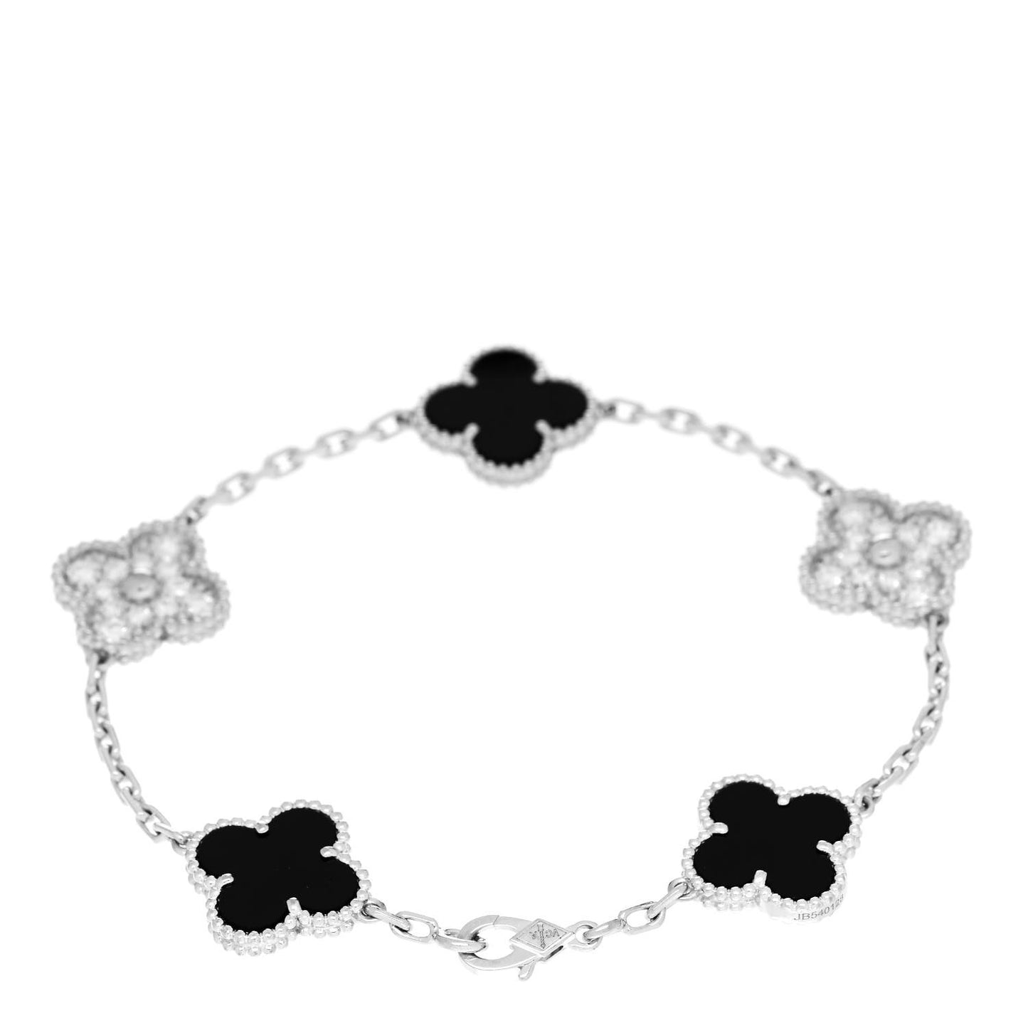 18K White Gold Diamond Black Onyx 5 Motifs Vintage Alhambra Bracelet