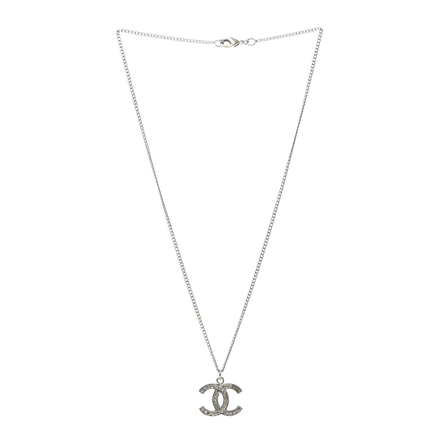 Chanel Crystal CC Pendant Necklace Silver 3 of 6
