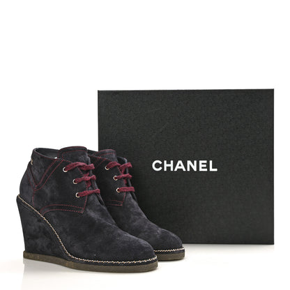 Chanel Suede Lace Up Wedge Booties 39.5 Dark Blue 8 of 8