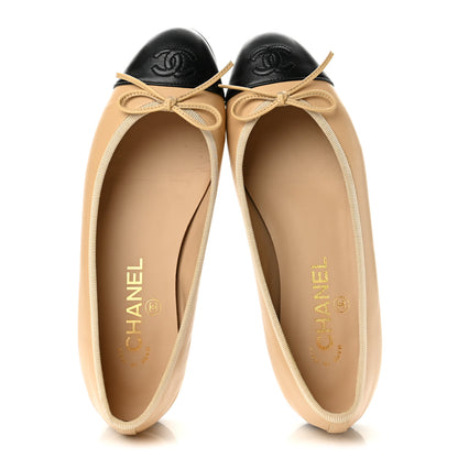 Chanel Lambskin Cap Toe CC Ballerina Flats 37 Beige Black 2 of 10