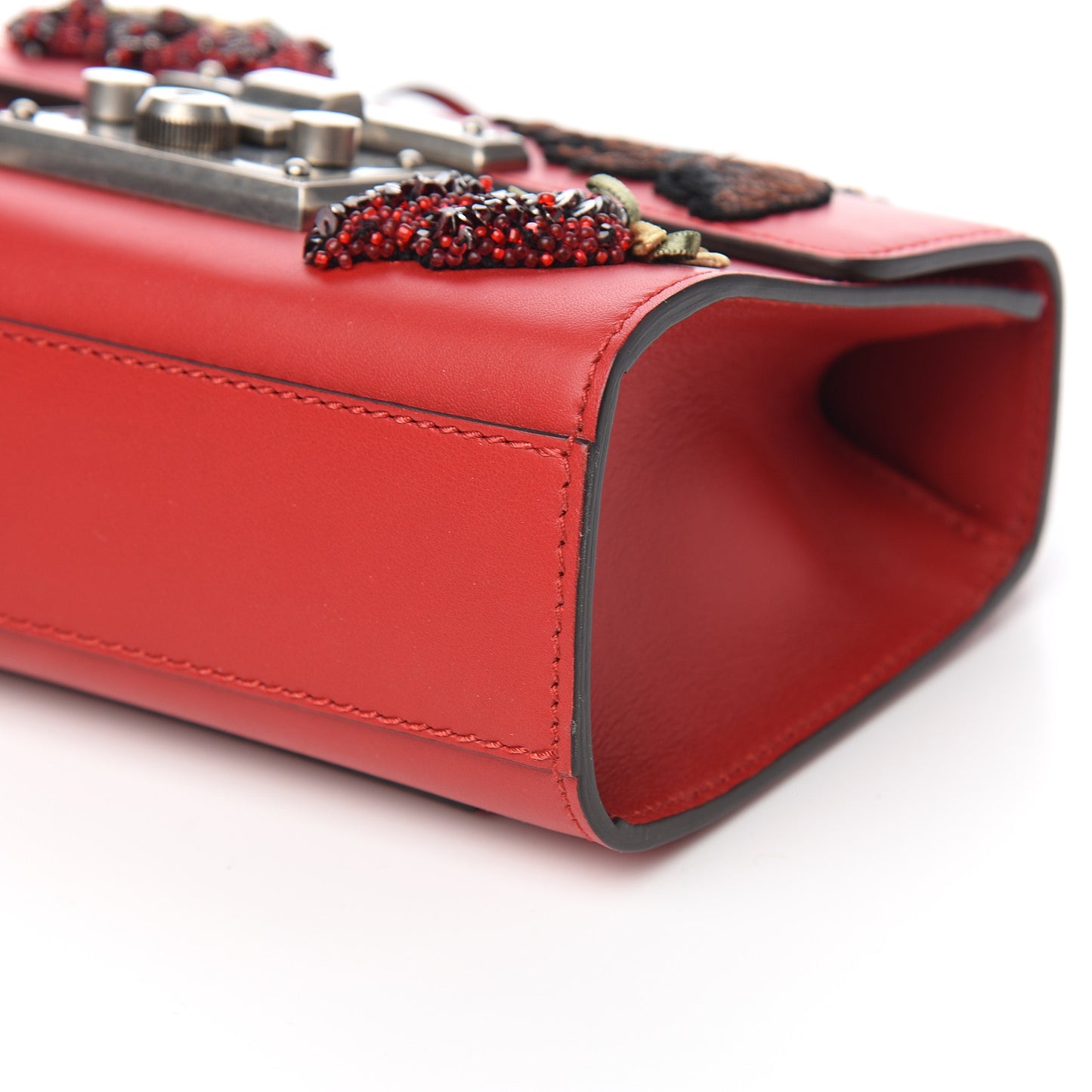 Calfskin Bee Embroidered Small Padlock Shoulder Bag Hibiscus Red