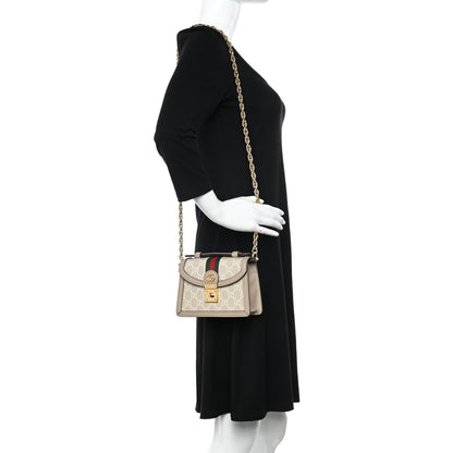 Gucci GG Supreme Monogram Textured Dollar Calfskin Web Mini Ophidia Padlock Top Handle Chain Shoulder Bag Beige Mystic White Oatmeal 2 of 9
