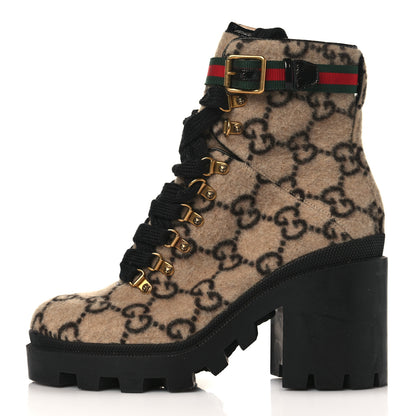 Gucci Covered Wool GG Monogram Womens Lace Up Combat Ankle Boots 40 Beige Ebony Black 1 of 10