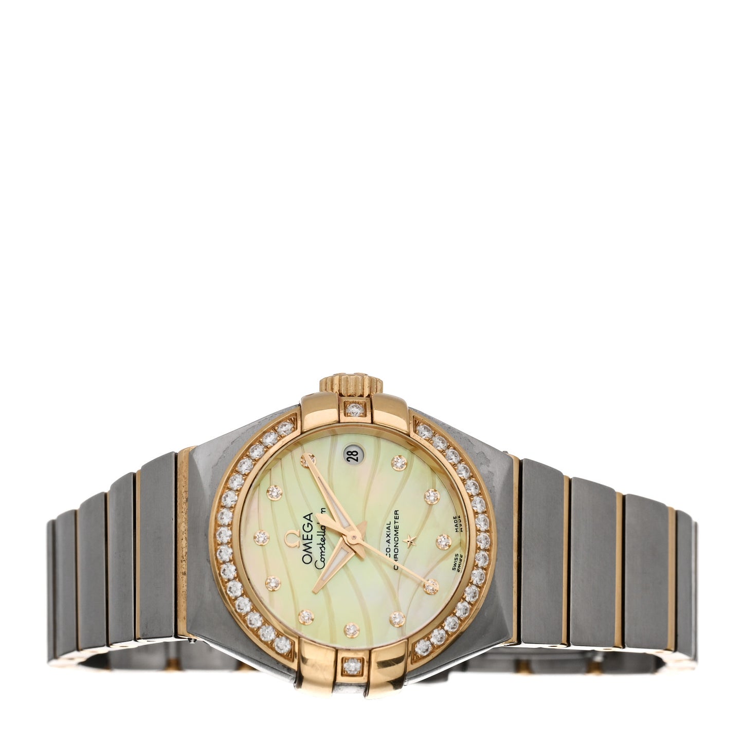 Stainless Steel 18K Yellow Gold Diamond Bezel Yellow Mother of Pearl 27mm Constellation Automatic Watch 123.25.27.20.57.002