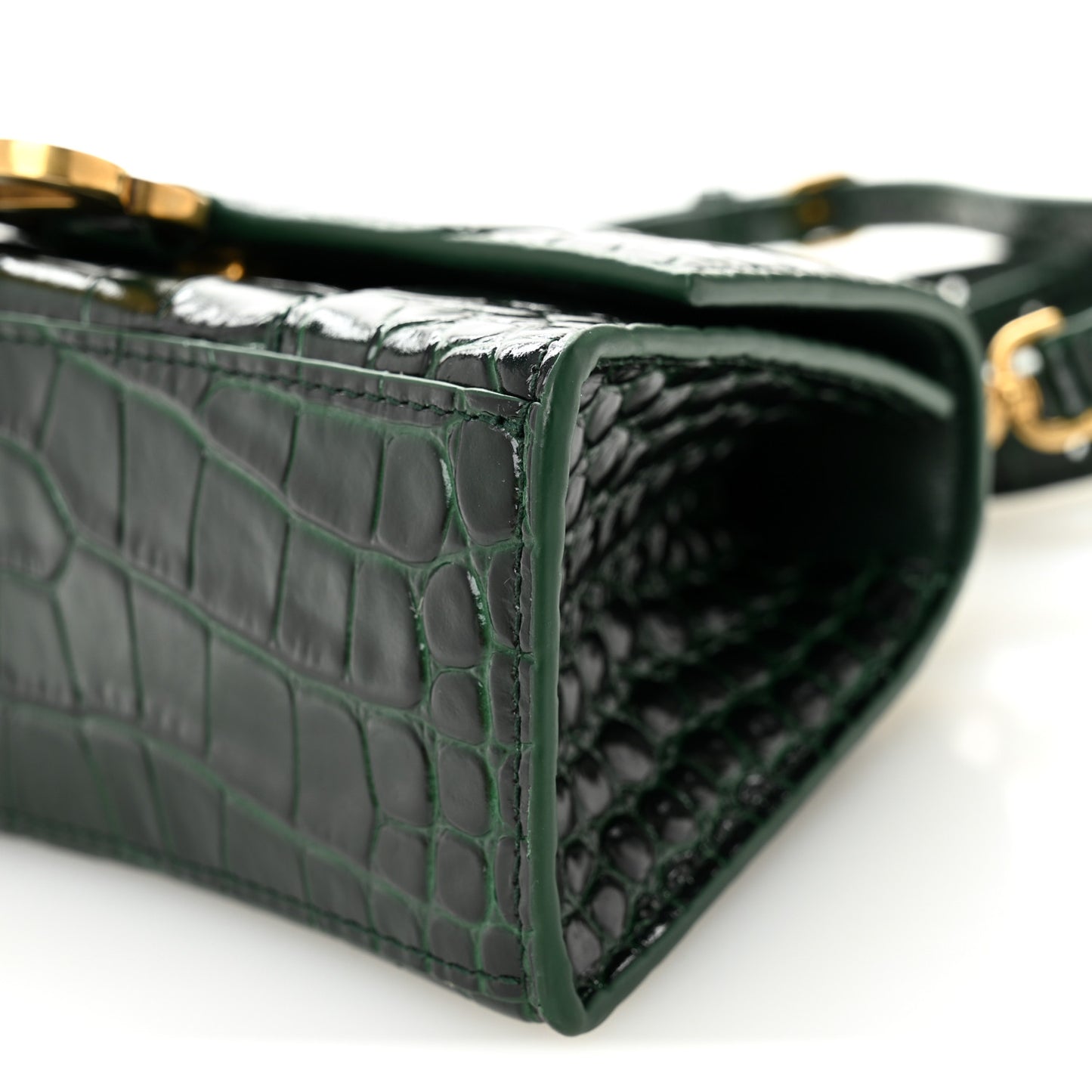 Shiny Calfskin Crocodile Embossed Hourglass Top Handle Bag XS Forest Green