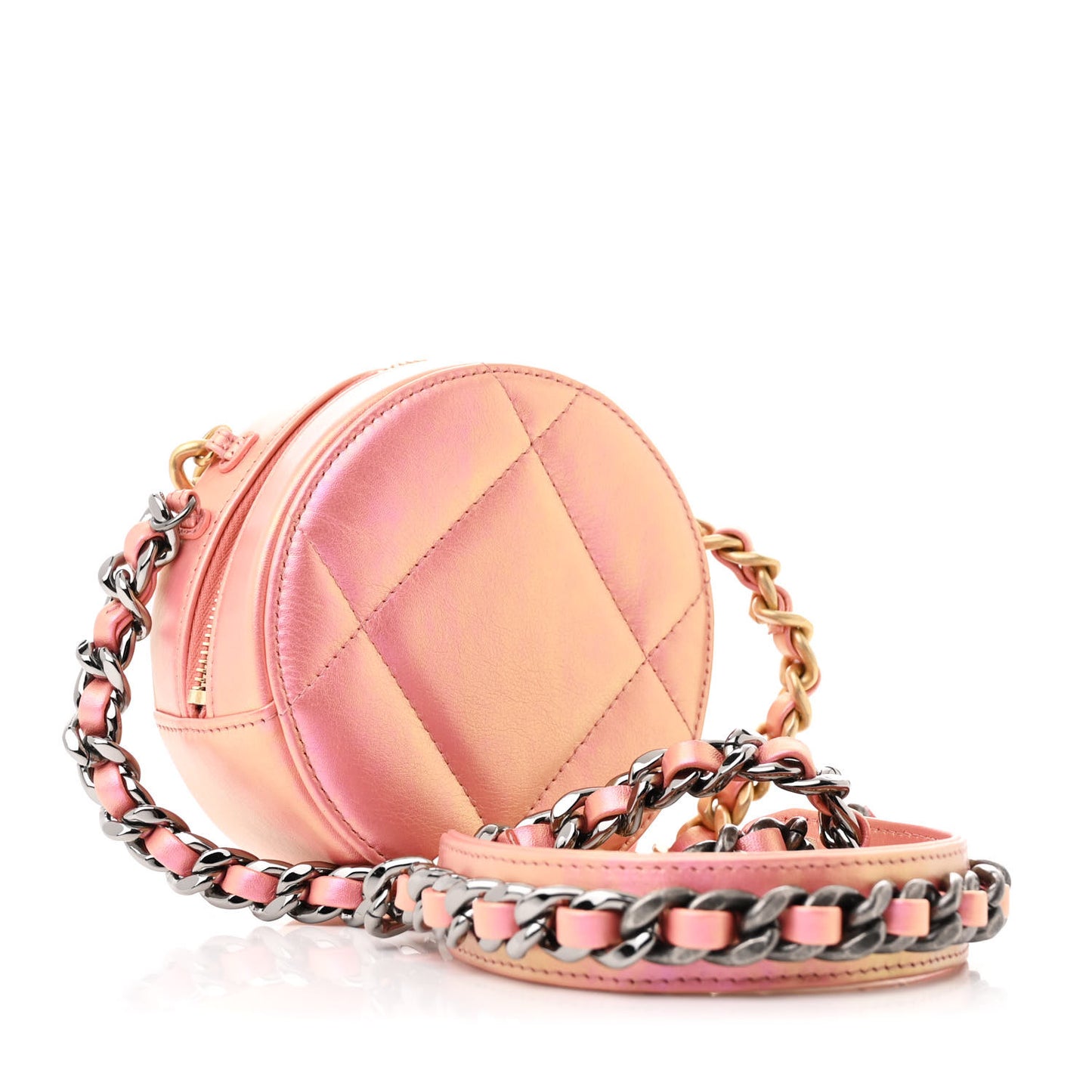 Iridescent Calfskin Quilted Chanel 19 Round Clutch With Chain Pink