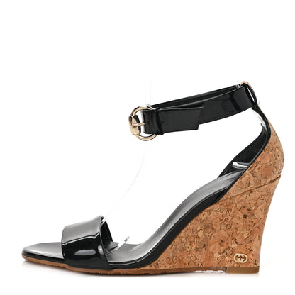 Gucci Vitello Vernice Cork Wedge Sandals 6.5 Black Naturale 1 of 9
