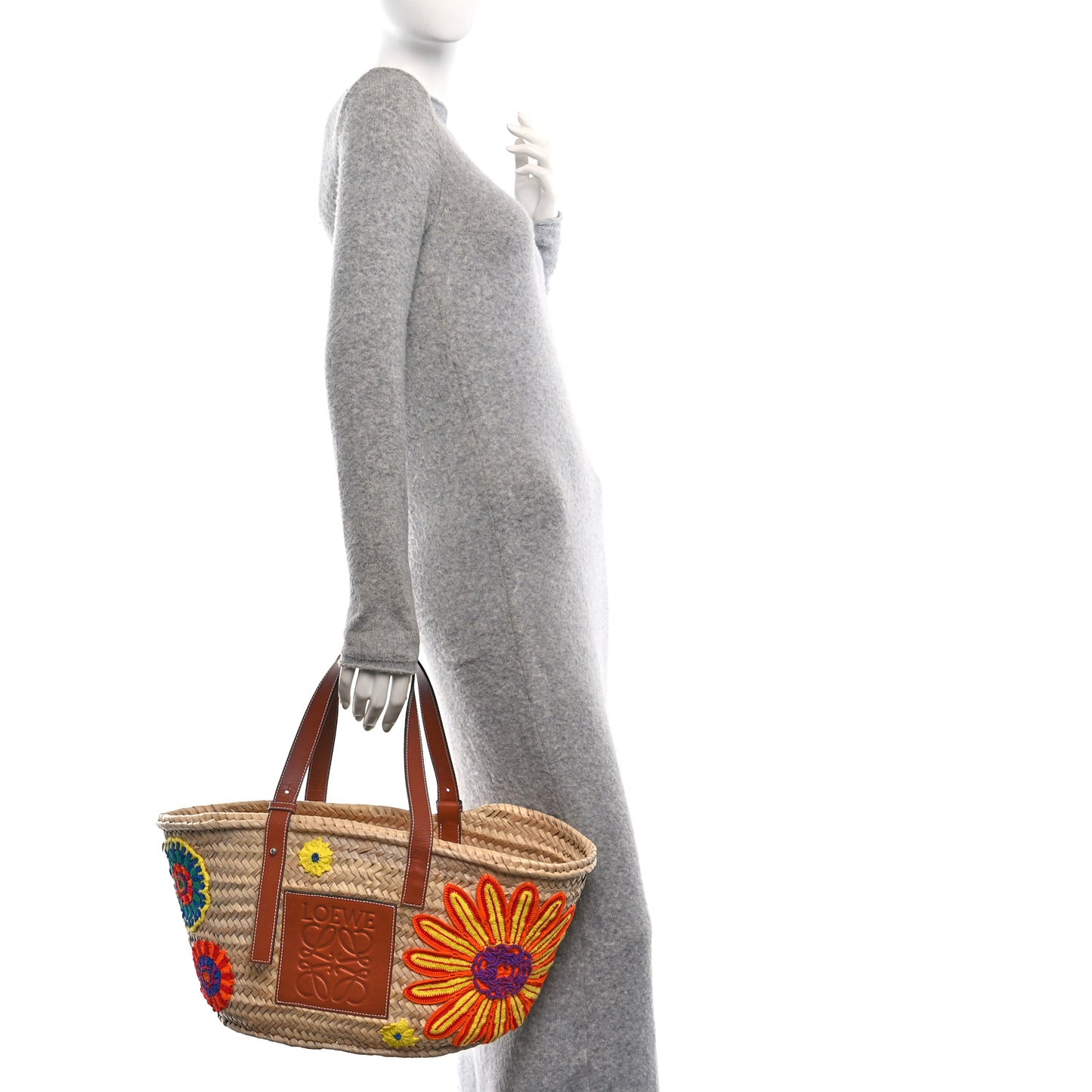Raffia Floral Embroidered Medium Basket Tote Bag Natural Tan
