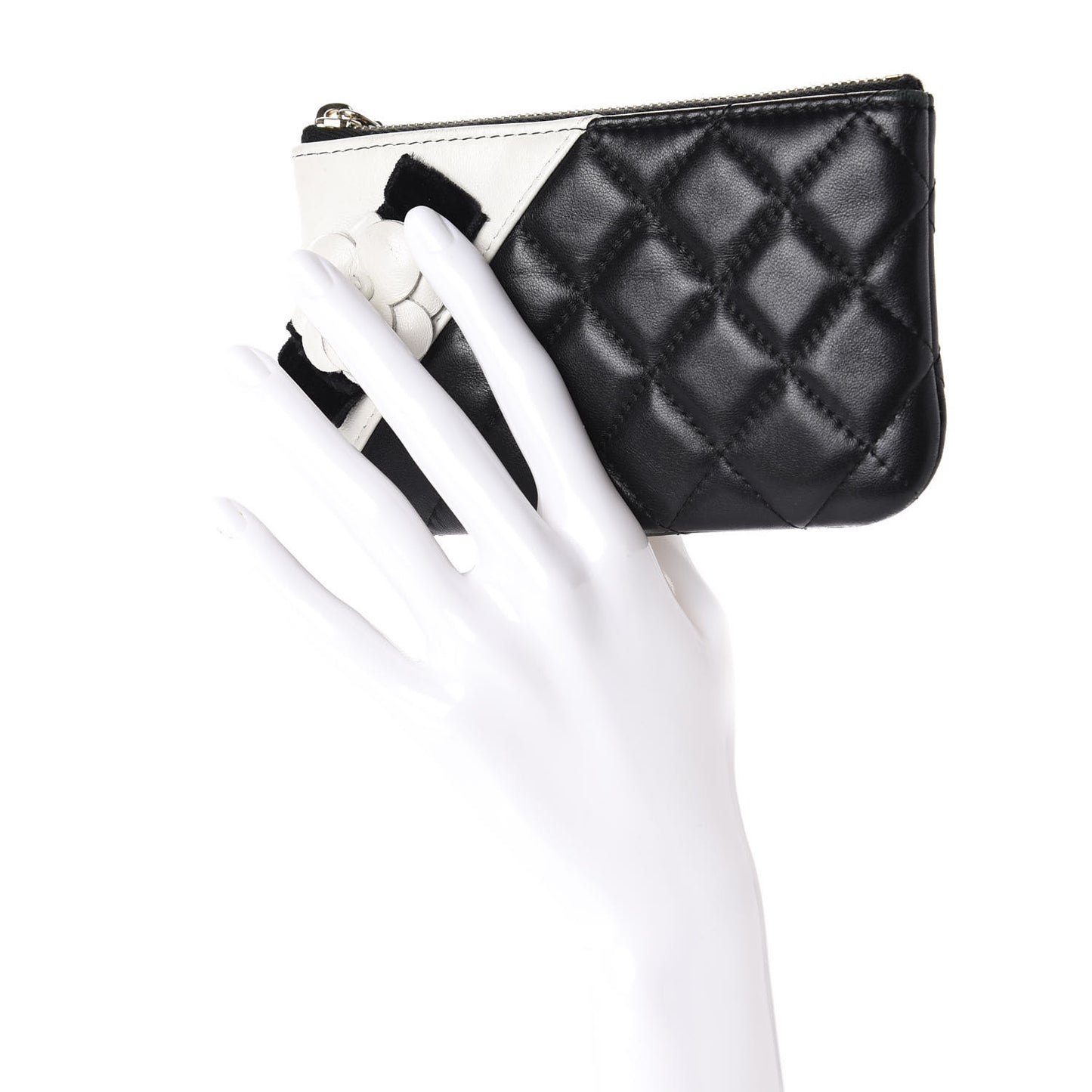Lambskin Quilted Small Camellia Cosmetic Pouch Black White