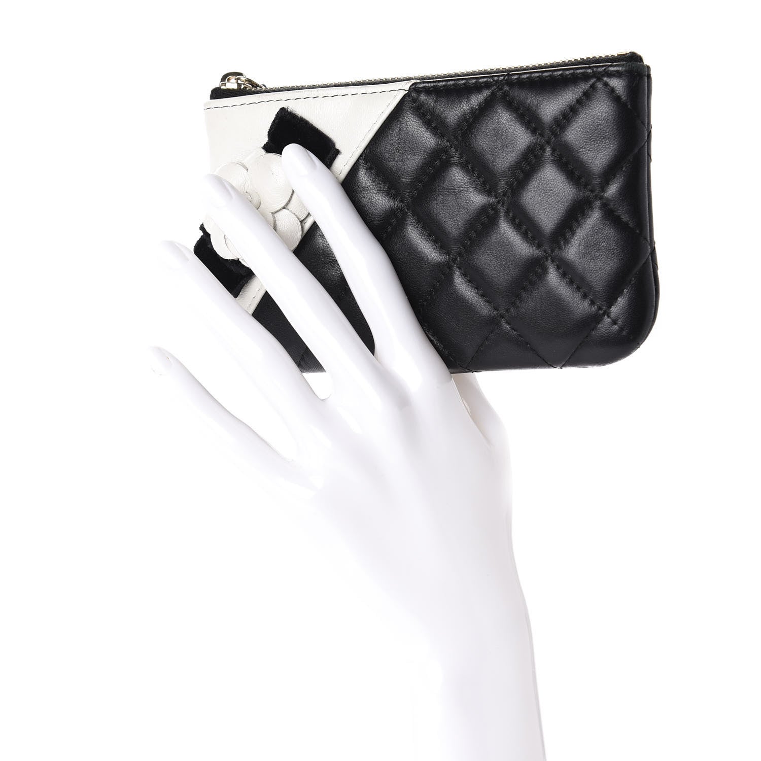 Chanel Lambskin Quilted Small Camellia Cosmetic Pouch Black White 3 of 9