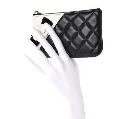 Chanel Lambskin Quilted Small Camellia Cosmetic Pouch Black White 3 of 9