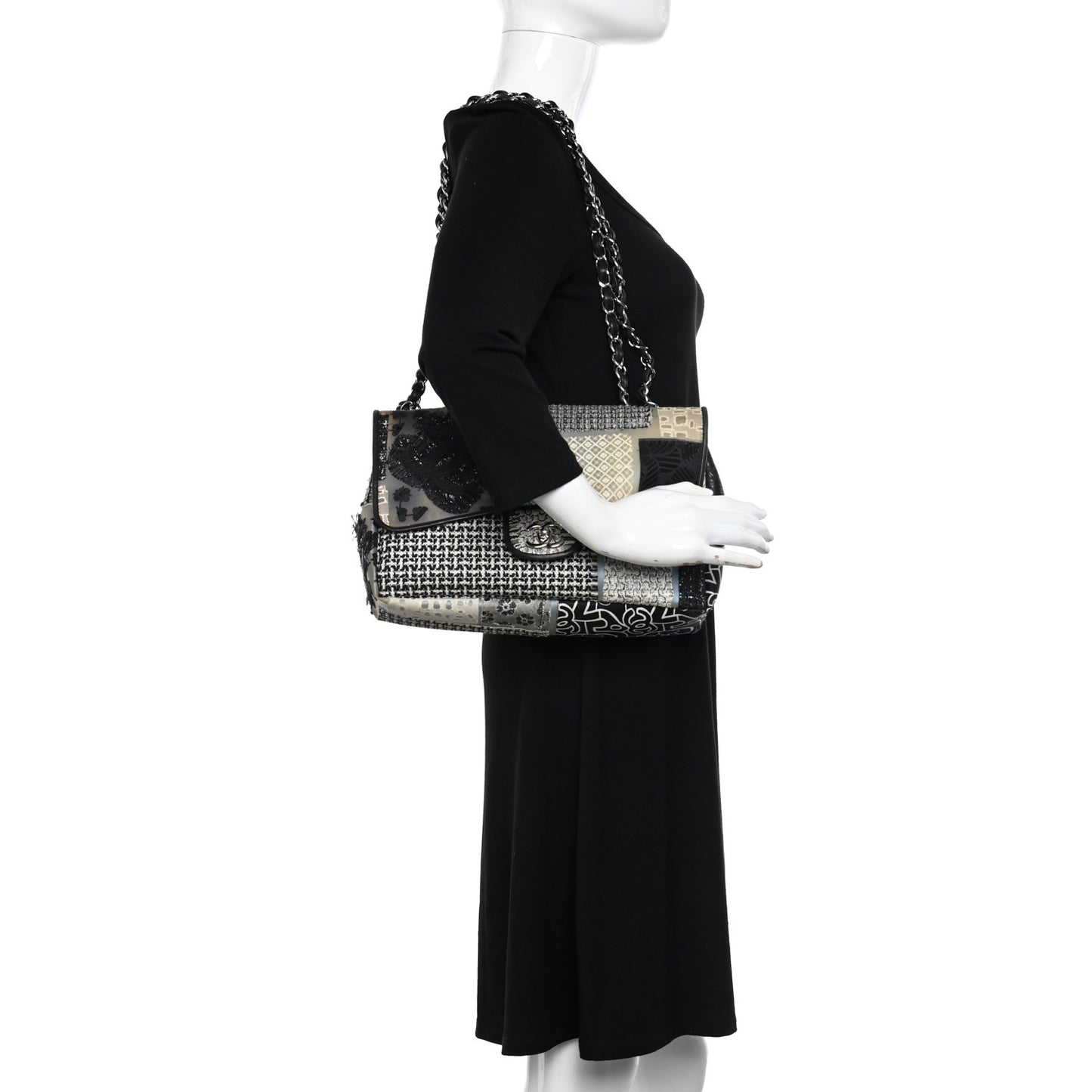 PVC Tweed Patchwork Jumbo Single Flap Black