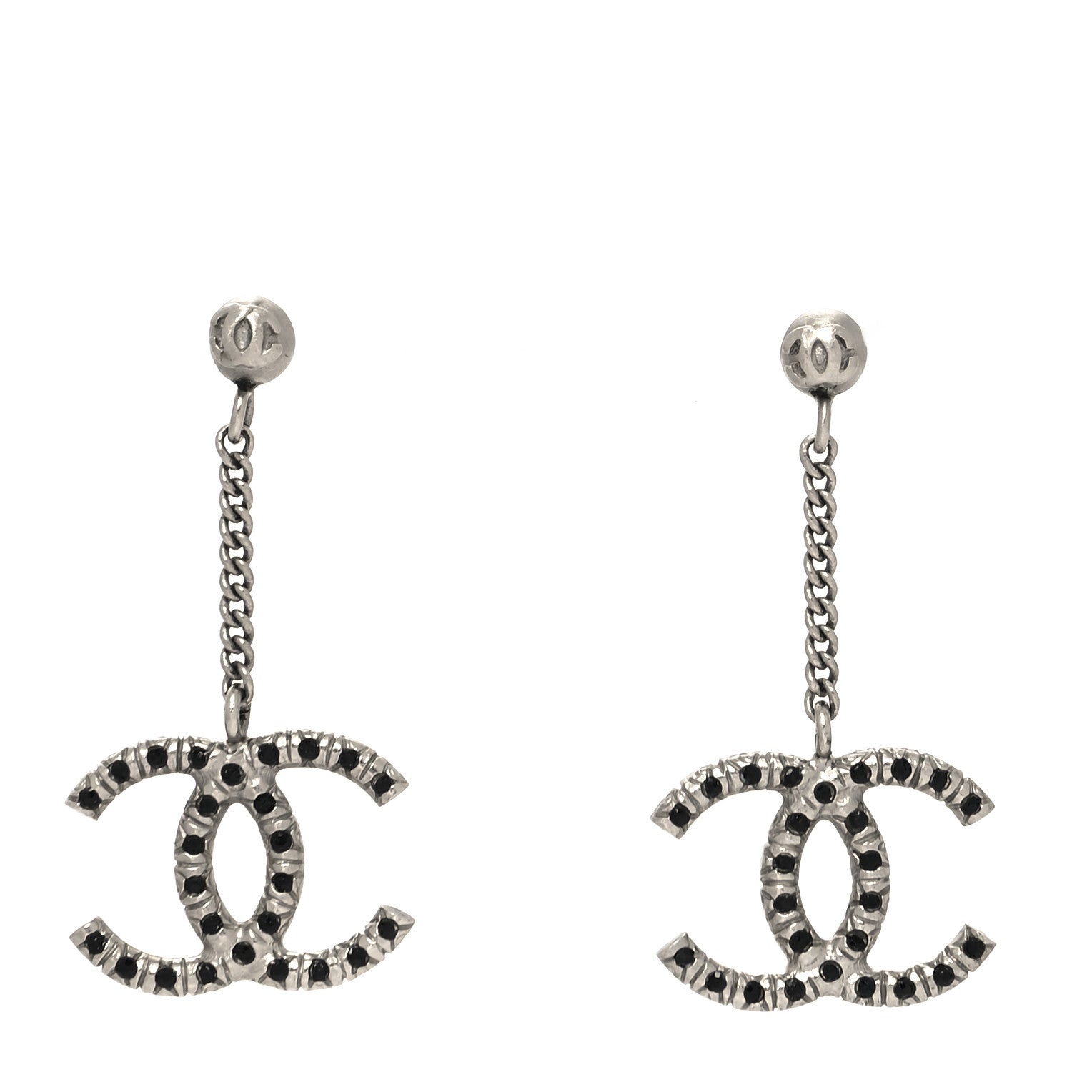Chanel Crystal Chain CC Drop Earrings Silver Black 1 of 5