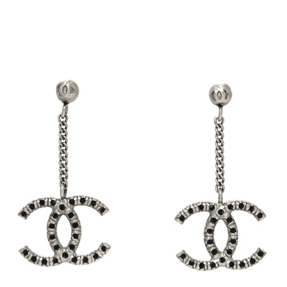 Chanel Crystal Chain CC Drop Earrings Silver Black 1 of 5