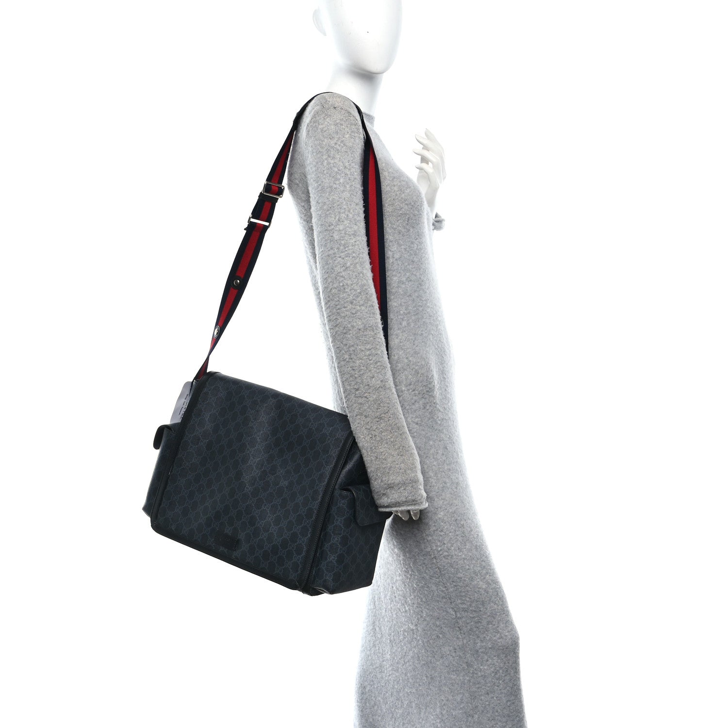Gucci GG Supreme Monogram Web Messenger Diaper Bag Black Grey 2 of 12