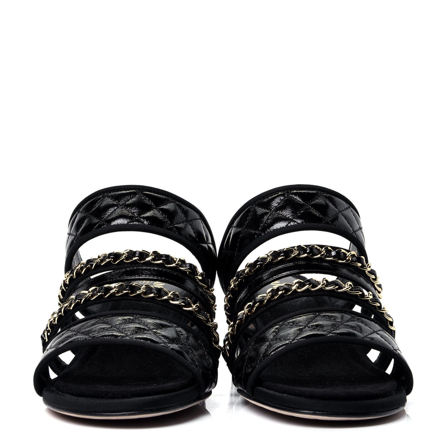 Distressed Patent Quilted Chain Mule Sandals 37 Black