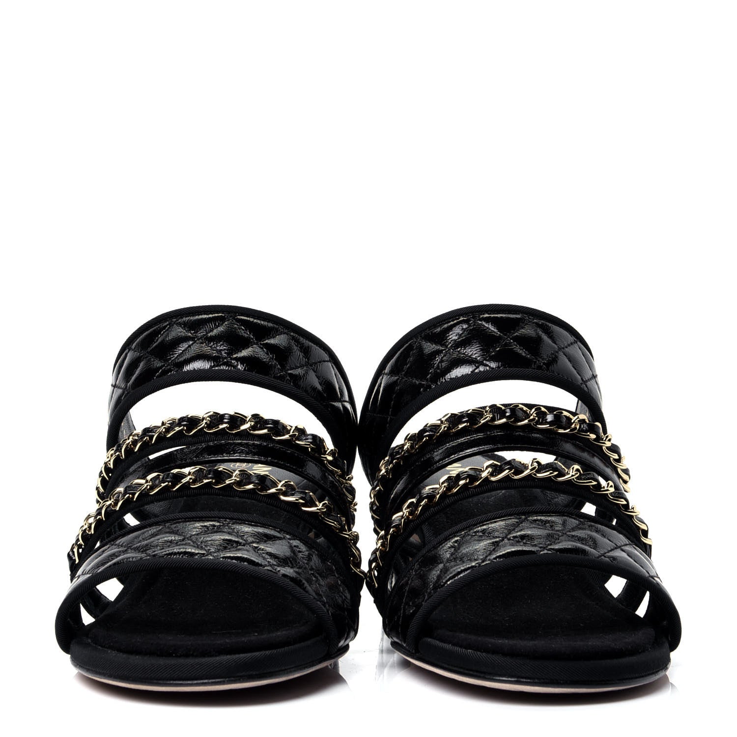 Chanel Distressed Patent Quilted Chain Mule Sandals 37 Black 2 of 11