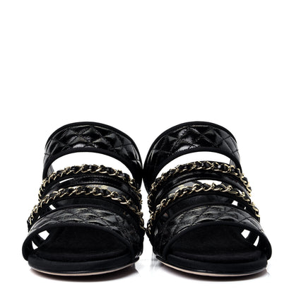 Chanel Distressed Patent Quilted Chain Mule Sandals 37 Black 2 of 11