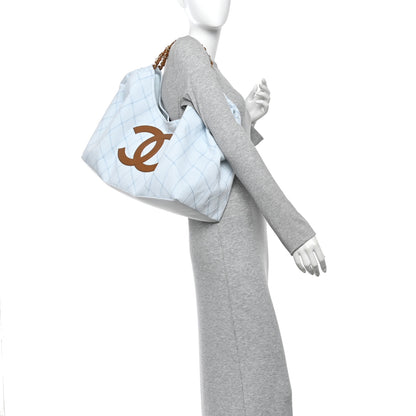 Chanel Denim Calfskin Quilted Coco Beach Small Shopping Tote Light Blue Brown 3 of 11