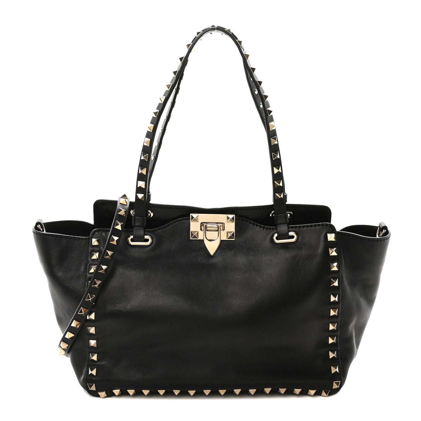 Grained Calfskin Small Rockstud Tote Black